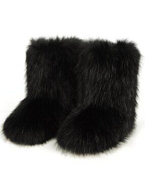 Cozy Furry Faux Fur Winter Boots for Women, Fluffy Mid-Calf Snow Booties